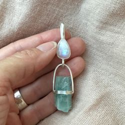 High priestess of Divine Surrendering-Rainbow Moonstone with Raw Aquamarine.