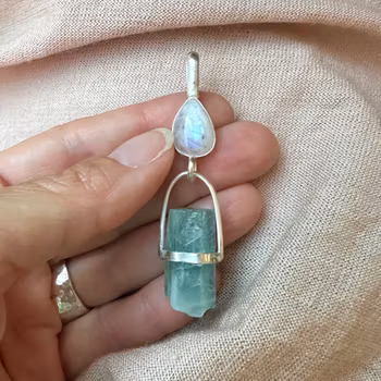 High priestess of Divine Surrendering-Rainbow Moonstone with Raw Aquamarine.