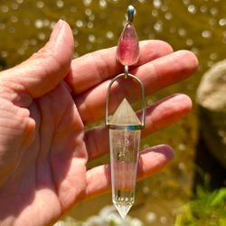 White flame of Mary Magdalene- Large pink Tourmaline with clear Quartz Vogel crystal