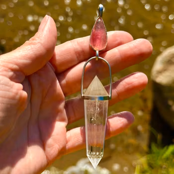 White flame of Mary Magdalene- Large pink Tourmaline with clear Quartz Vogel crystal