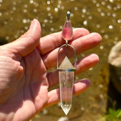 White flame of Mary Magdalene- Large pink Tourmaline with clear Quartz Vogel crystal