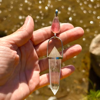 White flame of Mary Magdalene- Large pink Tourmaline with clear Quartz Vogel crystal