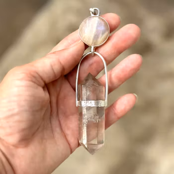 Priestess of Isis- Apricot Rainbow moonstone with naturally double terminated citrine.
