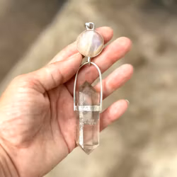 Priestess of Isis- Apricot Rainbow moonstone with naturally double terminated citrine.