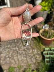 Apricot rainbow moonstone with high frequency clear Quartz dragon egg