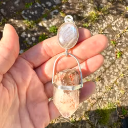 Together we shall rise- Apricot rainbow Moonstone with Quan Yin Lodolite