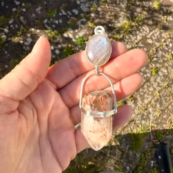 Together we shall rise- Apricot rainbow Moonstone with Quan Yin Lodolite