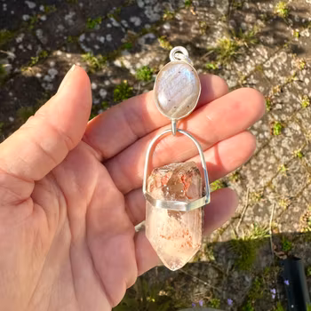 Together we shall rise- Apricot rainbow Moonstone with Quan Yin Lodolite