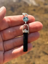 Blue whale guardian- Black opal with blue raw crystalline Tourmaline