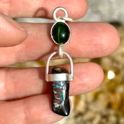Green baby dragon gate keeper- Green Tourmaline with cat eye effect with Boulder Opal.