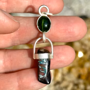 Green baby dragon gate keeper- Green Tourmaline with cat eye effect with Boulder Opal.