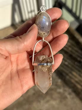 Priestess of the new divine time of higher heart consciousness- apricot rainbow moonstone with Quan Yin Lodolite