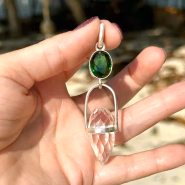 The Emerald Dragon  Deep green Tourmaline with clear Quartz dragon egg.