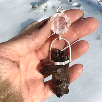 Love is in the Earth - Rose Quartz with naturally double terminated Smokey Quartz with pendant crystals