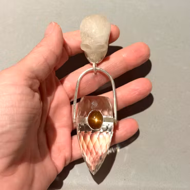 Skull of Freja- Quartz with high-frequency Dragon Egg and Natural Sunstone from Sweden