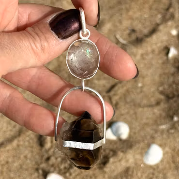 Black Unicorn - Path of the Way Shower Clear Quartz with radiant rainbows & Black Herkimer