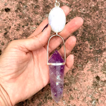 The Awakening of the Divine Leader  Rainbow Moonstone with Amethyst Vogel Crystal infused with Light Codes