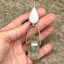 Blood of the Ancients  Rainbow Moonstone with Double Terminated Green Amethyst