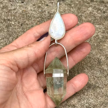 Blood of the Ancients  Rainbow Moonstone with Double Terminated Green Amethyst