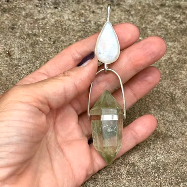 Blood of the Ancients  Rainbow Moonstone with Double Terminated Green Amethyst