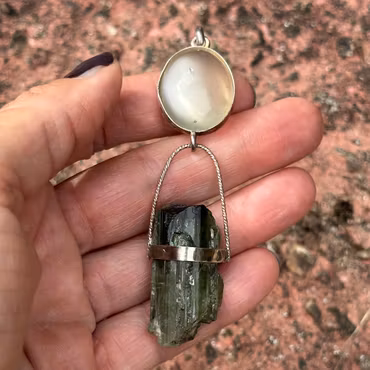 The Sacred Key of Remembrance  Natural Green Moonstone with a Raw Green Tourmaline