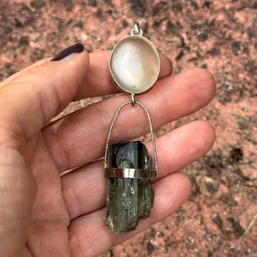 The Sacred Key of Remembrance  Natural Green Moonstone with a Raw Green Tourmaline