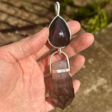 She Who Walks Between Earth & Stars-  The Embodied Cosmic Feminine  Rainbow Obsidian with Shangaan Enhydro Amethyst Scepter from the Chibuka Mine, Zimbabwe