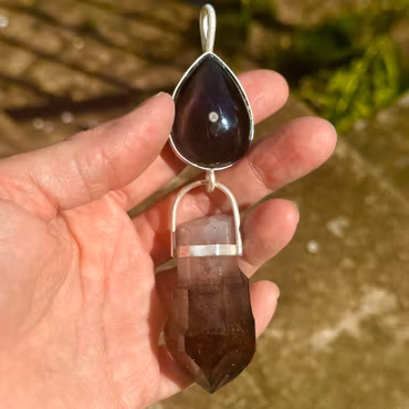 She Who Walks Between Earth & Stars-  The Embodied Cosmic Feminine  Rainbow Obsidian with Shangaan Enhydro Amethyst Scepter from the Chibuka Mine, Zimbabwe