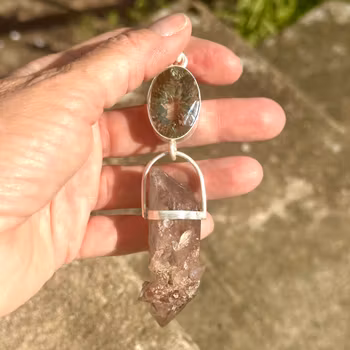 Dragon Mother - The Sanctuary of the Forgotten Ones  Green Amethyst with a magical Clear Quartz crystal from the Orange River, covered with smaller crystals growing upon it
