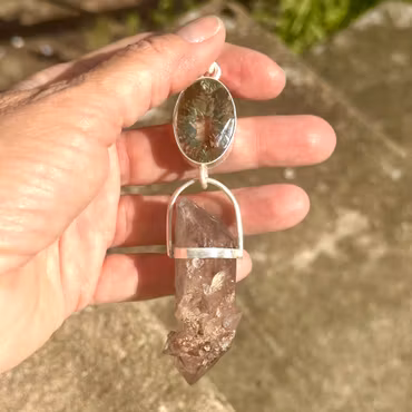 Dragon Mother - The Sanctuary of the Forgotten Ones  Green Amethyst with a magical Clear Quartz crystal from the Orange River, covered with smaller crystals growing upon it
