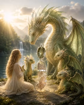 Dragon Mother - The Sanctuary of the Forgotten Ones  Green Amethyst with a magical Clear Quartz crystal from the Orange River, covered with smaller crystals growing upon it