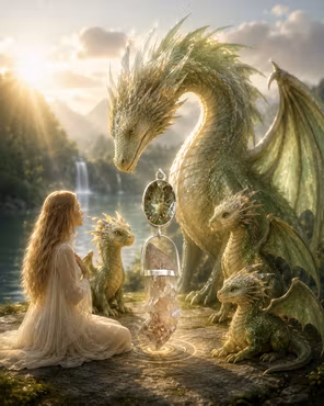 Dragon Mother - The Sanctuary of the Forgotten Ones  Green Amethyst with a magical Clear Quartz crystal from the Orange River, covered with smaller crystals growing upon it