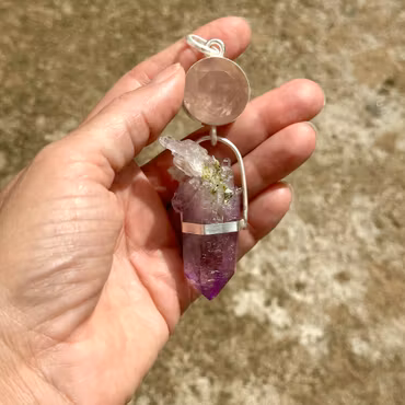 Where the Wild Soul Blooms - Rose Quartz with Double-Terminated Multi-Point Vera Cruz Amethyst with Celadonite