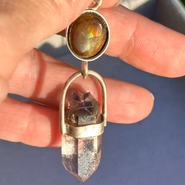 The Flame of the Great Mother - Fire Agate with Double-Terminated Brandenberg Amethyst with Magical Inclusions Here