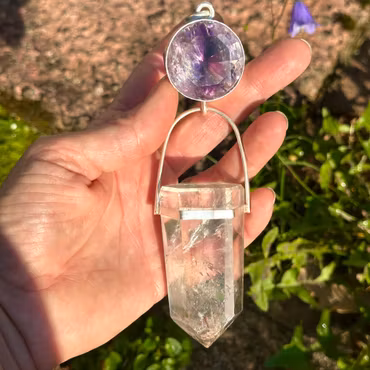 THE EMBODIED HIGHER SELF  Vibrant Amethyst with exceptionally rare Rutilated Lodolite Quartz, featuring striking silver and red rutile inclusions.