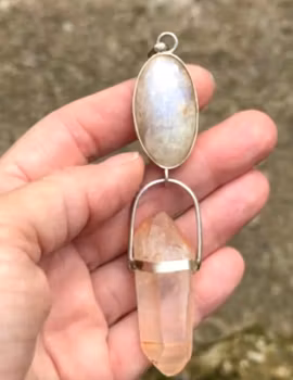 Priestess of Self-Love  Apricot Rainbow Moonstone with Double Terminated Pink Lemurian Quartz