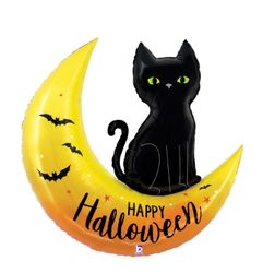 Folieballong Halloween Måne med Svart Katt 76cm
