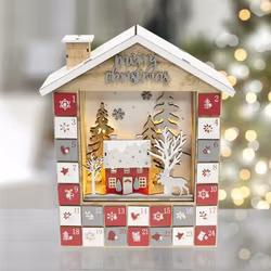 Handmålad återanvändbar trä adventskalender m Belysning o 24 lådor (Ej fylld).