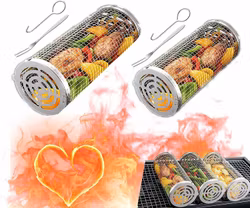 2-Pack Grillkorg i Rostfritt,2 Krok o 2 Gafflar . Rullgrill