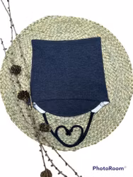 Knytehue med solskjerm mørkblå melert m/bamsefor str 6-12 mnd (42/46)