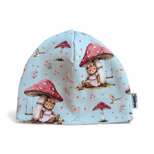 Hue m/fleecefor bamse på sopptur str 48/50 (1-3 år)