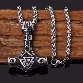 Thors hammer i Valknut design sølv/stålfarge