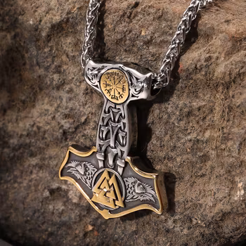 Thors hammer 3 symbol sølv/gull farget
