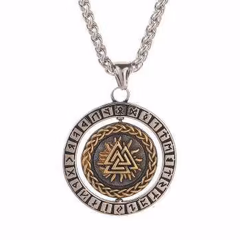 vendbar medaljong som viser Vegvisir og Valknut symbol