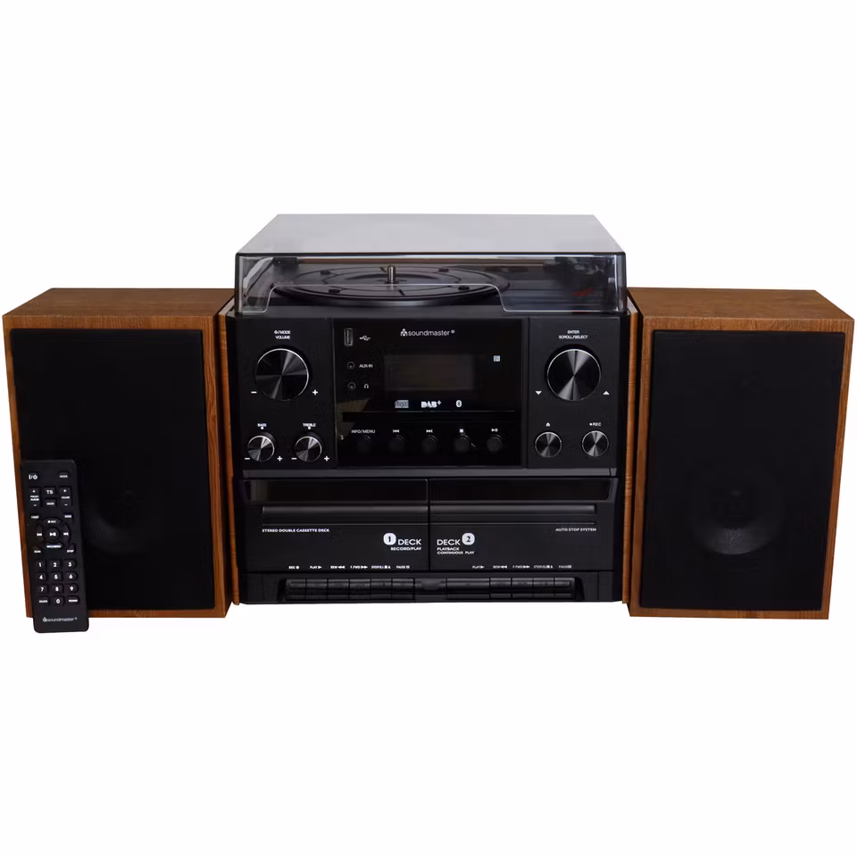 Klassisk stereoanläggning med Vinyl, Radio, CD, kassettspelare