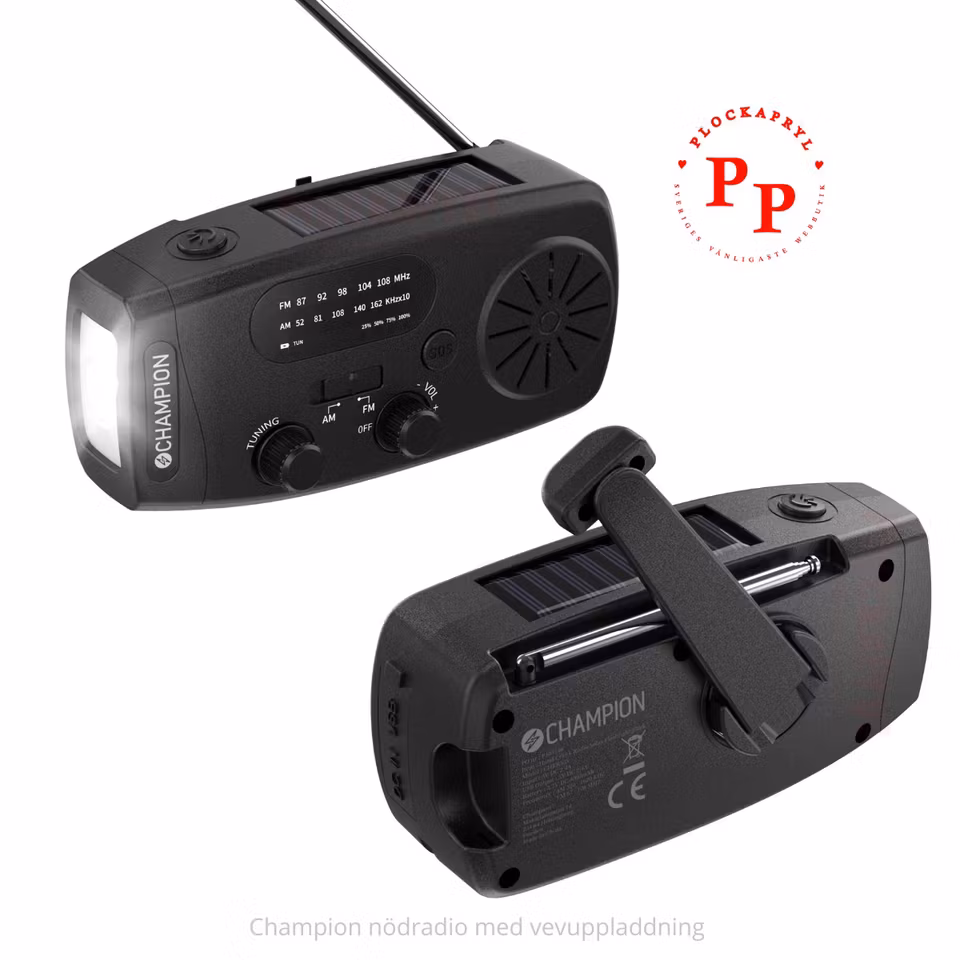 Vevradio med och solcellsuppladdning, ficklampa