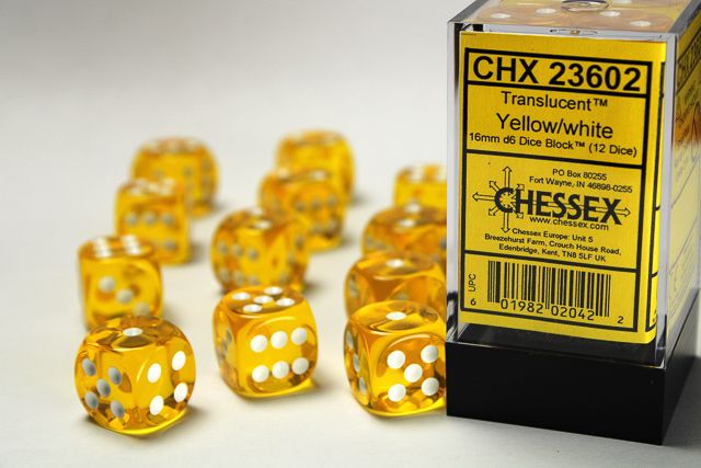 Tärningar - Translucent 16mm D6 Yellow/white Dice Block (12 dice)