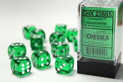 Tärningar - Translucent 16mm d6 Green/white Dice Block (12 dice)