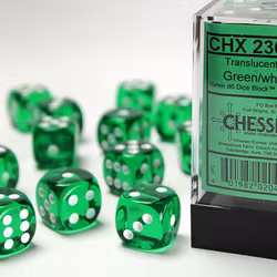 Tärningar - Translucent 16mm d6 Green/white Dice Block (12 dice)