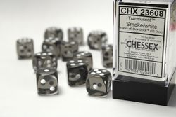 Tärningar - Translucent 16mm d6 Smoke/white Dice Block (12 dice)